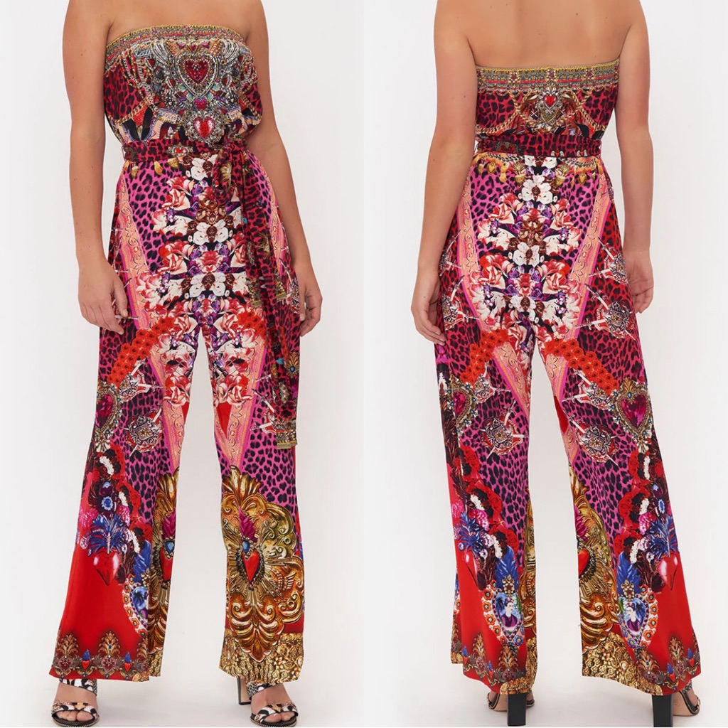 New Camilla Tie Waist Strapless Jumpsuit Artesania Mania 100% Silk Red Small